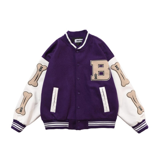 Men Baseball Jacket Hip Hop Harajuku Embroidery Bone Letter Patchwork Bomber Coat Fashion High Street Casual Loose Jacket Unisex