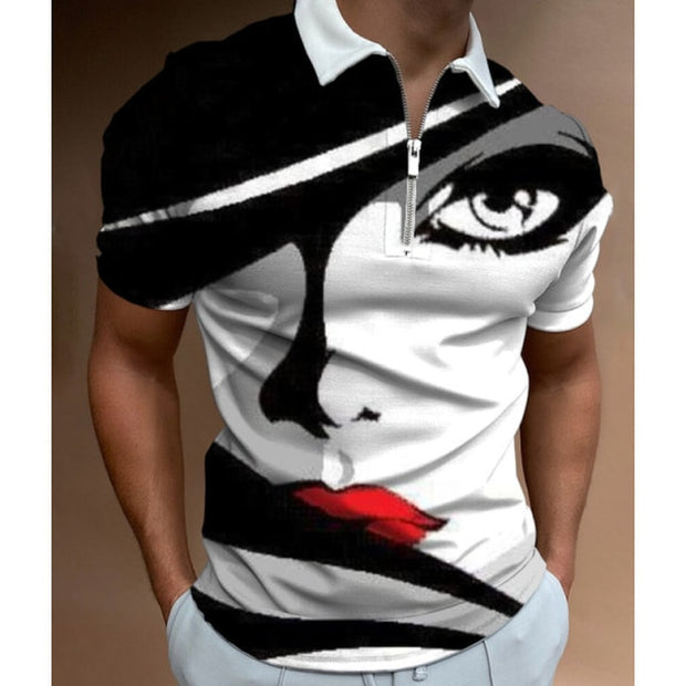 Shirts for Men Face Art Print Short Sleeve Tshirts Streetwear Mens Clothing Graphic T Shirts Turn Down Collar Zipper Shirt Tops