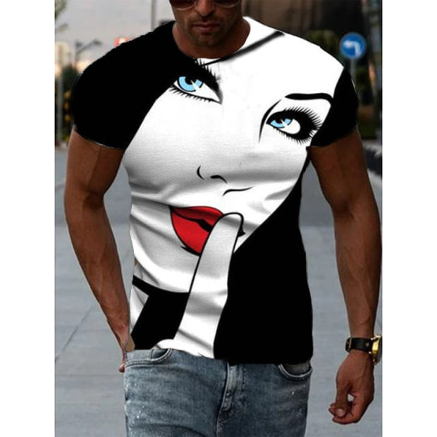 Shirts for Men Face Art Print Short Sleeve Tshirts Streetwear Mens Clothing Graphic T Shirts Turn Down Collar Zipper Shirt Tops