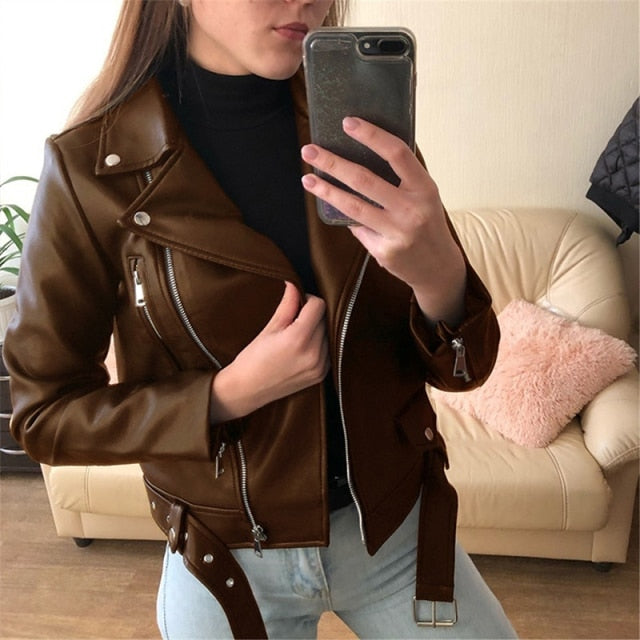 VIEUNSTA Winter Women's Y2k Zipper Artificial Leather Jacket Lapel Long Sleeve Short Coat PU Motorcycle Clothing Slim Jacket 5XL