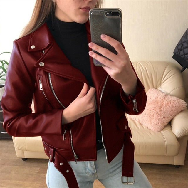 VIEUNSTA Winter Women's Y2k Zipper Artificial Leather Jacket Lapel Long Sleeve Short Coat PU Motorcycle Clothing Slim Jacket 5XL