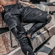 Men Jeans Drawstring High Waist Desighner Jean Pants Autumn Mens Clothing Biker Straight Denim Washed Hole Pant Trousers Black