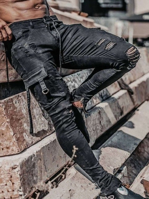 Men Jeans Drawstring High Waist Desighner Jean Pants Autumn Mens Clothing Biker Straight Denim Washed Hole Pant Trousers Black