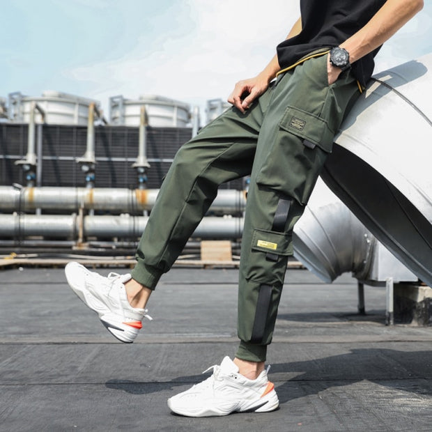 Men's Side Pockets Cargo Harem Pants 2021 Ribbons Black Hip Hop Casual Male Joggers Trousers Fashion Casual Streetwear Pants