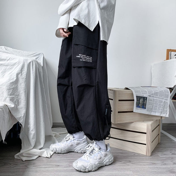 Men's Side Pockets Cargo Harem Pants 2021 Ribbons Black Hip Hop Casual Male Joggers Trousers Fashion Casual Streetwear Pants