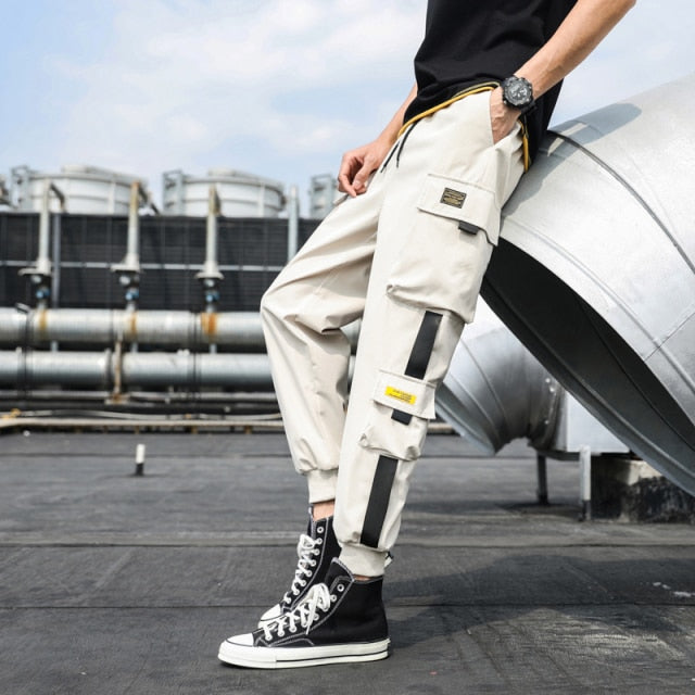 Men's Side Pockets Cargo Harem Pants 2021 Ribbons Black Hip Hop Casual Male Joggers Trousers Fashion Casual Streetwear Pants