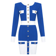 2021 New High Street Summer Patchwork 2 Two-Piece Set O-Neck Long Sleeve Pocket Button Mini Bandage Dress Female Short Set