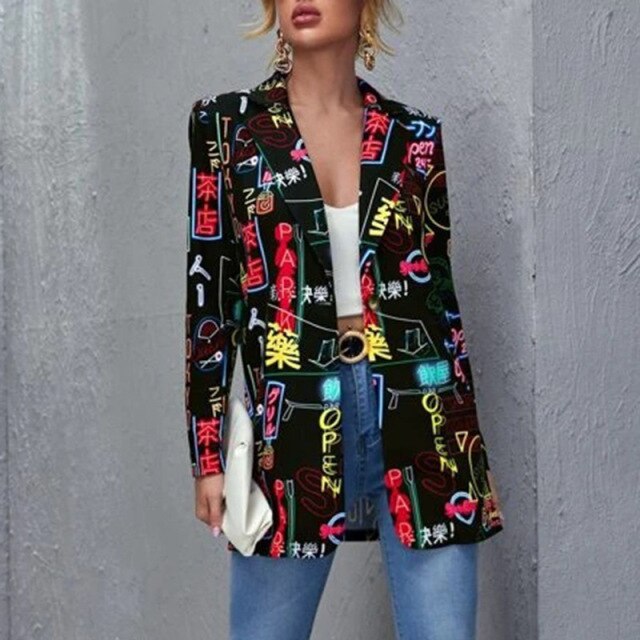 New Women Fashion One-Piece Suit Jacket For Autumn 2021 Casual Loose Splice Long Sleeve Coat Ladies Causal Print Streetwear Coat