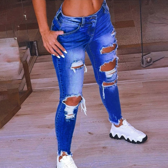 Light Blue Ripped Jeans For Women 2021 Street Style Sexy Low Rise Distressed Trouser Stretch Skinny Hole Denim Pencil Pants