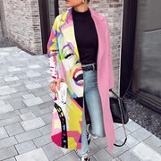 Casual Pattern Colorful Print Patchwork Cardigan Coats Fall Winter Elegant Women Fashion Lapel Collar Button Long Tops Outwear