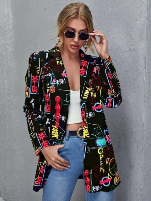 Vintage Letter Irregular Printing Blazer Women Jacket High Street Fashion 2021 New Plus Size Elegant Lady Coat American Stylish