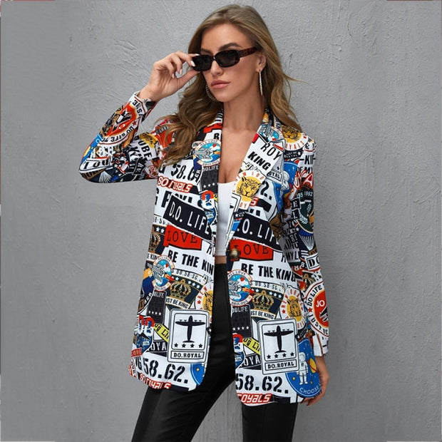 Vintage Letter Irregular Printing Blazer Women Jacket High Street Fashion 2021 New Plus Size Elegant Lady Coat American Stylish