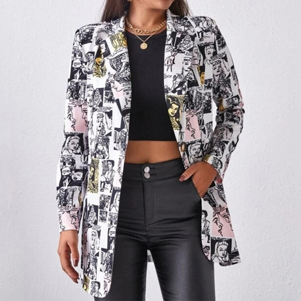 Vintage Letter Irregular Printing Blazer Women Jacket High Street Fashion 2021 New Plus Size Elegant Lady Coat American Stylish