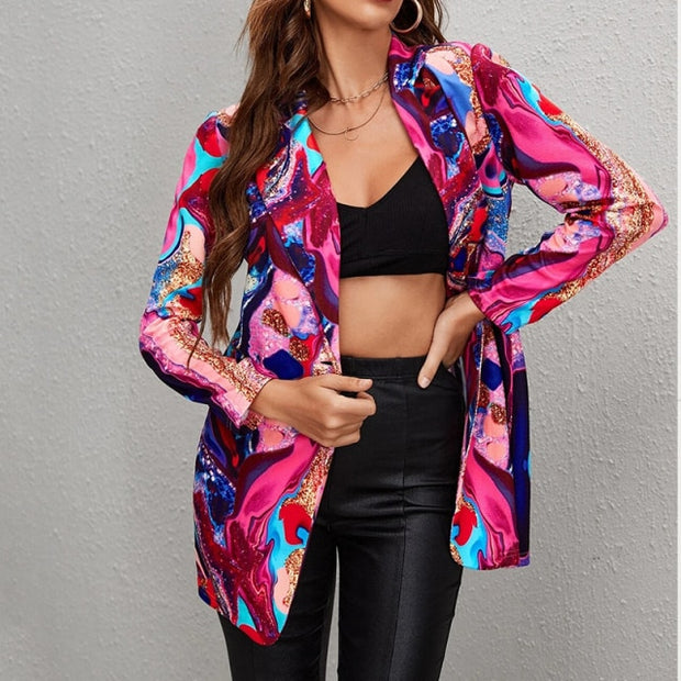 Vintage Letter Irregular Printing Blazer Women Jacket High Street Fashion 2021 New Plus Size Elegant Lady Coat American Stylish