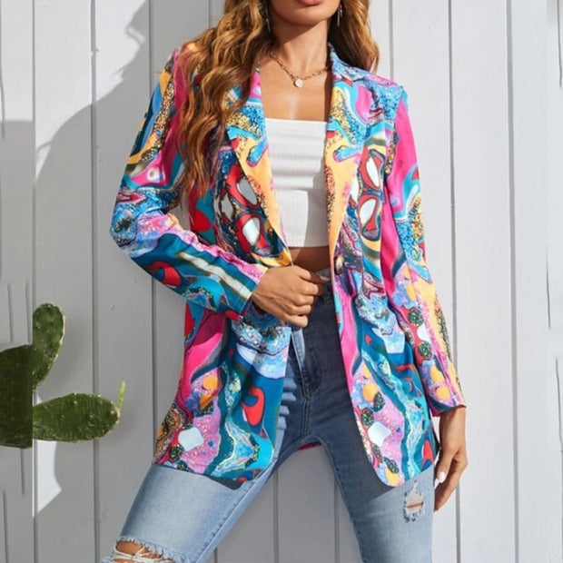 Vintage Letter Irregular Printing Blazer Women Jacket High Street Fashion 2021 New Plus Size Elegant Lady Coat American Stylish