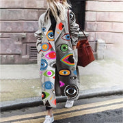 Casual Pattern Colorful Print Patchwork Cardigan Coats Fall Winter Elegant Women Fashion Lapel Collar Button Long Tops Outwear