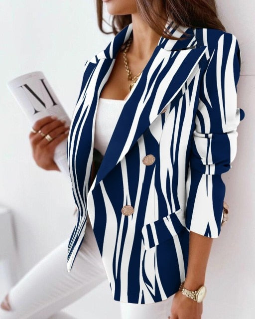 Women Geometric Print long sleeve Buttoned Front Blazer Jacket Office Lady Blazer