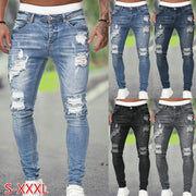 Men Jeans Regular Fit Hole Jean Pants Spring Autumn Streetwear Mens Casual Denim Ripped Skinny Trousers Slim Biker Outwear Pants