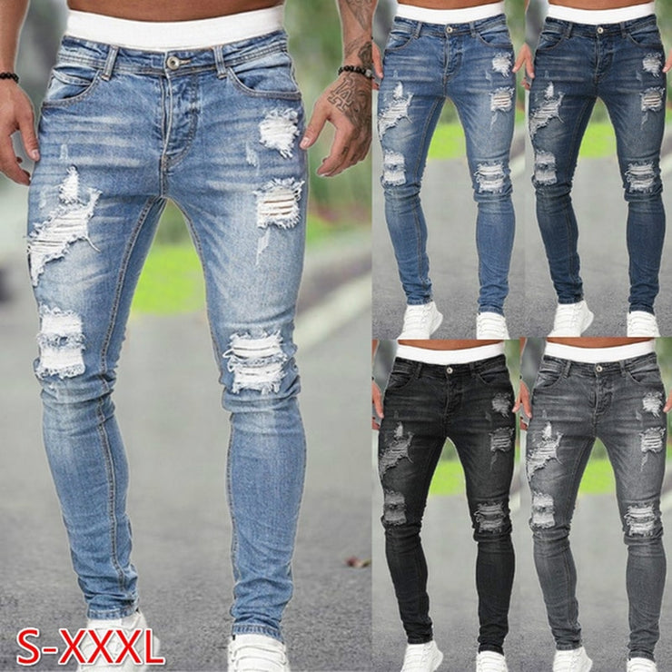 Men Jeans Regular Fit Hole Jean Pants Spring Autumn Streetwear Mens Casual Denim Ripped Skinny Trousers Slim Biker Outwear Pants