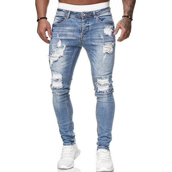 Men Jeans Regular Fit Hole Jean Pants Spring Autumn Streetwear Mens Casual Denim Ripped Skinny Trousers Slim Biker Outwear Pants