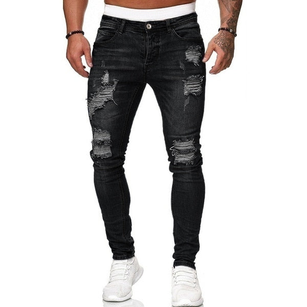 Men Jeans Regular Fit Hole Jean Pants Spring Autumn Streetwear Mens Casual Denim Ripped Skinny Trousers Slim Biker Outwear Pants