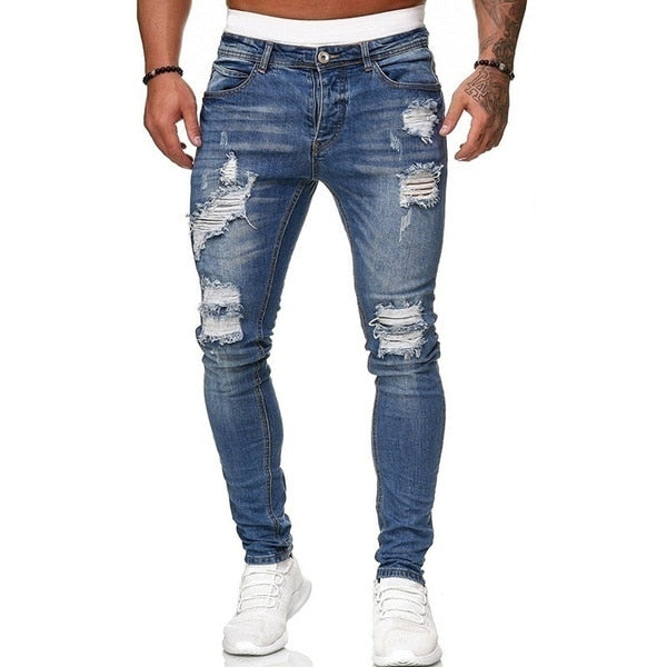 Men Jeans Regular Fit Hole Jean Pants Spring Autumn Streetwear Mens Casual Denim Ripped Skinny Trousers Slim Biker Outwear Pants