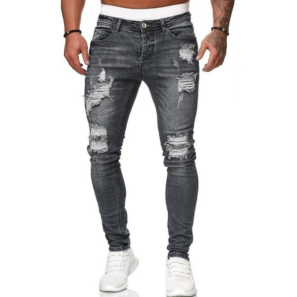 Men Jeans Regular Fit Hole Jean Pants Spring Autumn Streetwear Mens Casual Denim Ripped Skinny Trousers Slim Biker Outwear Pants