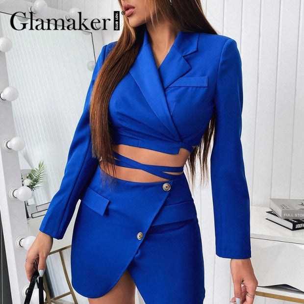 Glamaker Sexy patchwork 2 piece sets Autumn Irregular design crop top and A-line skirt Women's elegant sets blazer suits winter