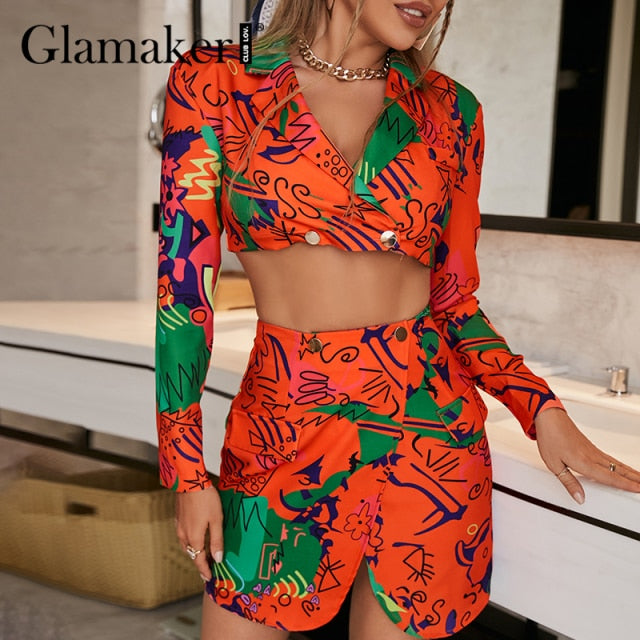 Glamaker Sexy patchwork 2 piece sets Autumn Irregular design crop top and A-line skirt Women's elegant sets blazer suits winter