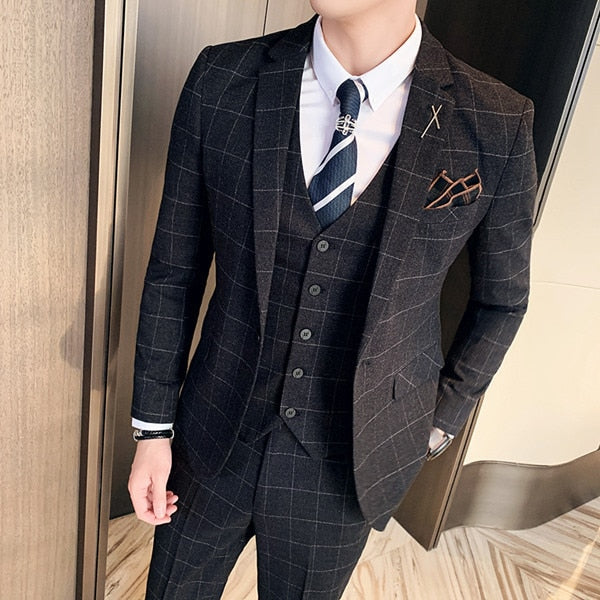 ( Jacket + Vest + Pants ) Boutique Fashion Mens Plaid Casual Business Suit High-end Social Formal Suit 3 Pcs Set Groom Wedding