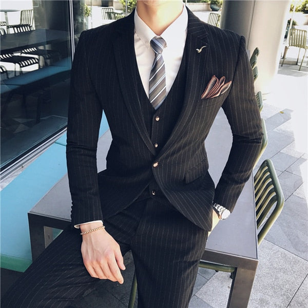 ( Jacket + Vest + Pants ) Boutique Fashion Mens Plaid Casual Business Suit High-end Social Formal Suit 3 Pcs Set Groom Wedding