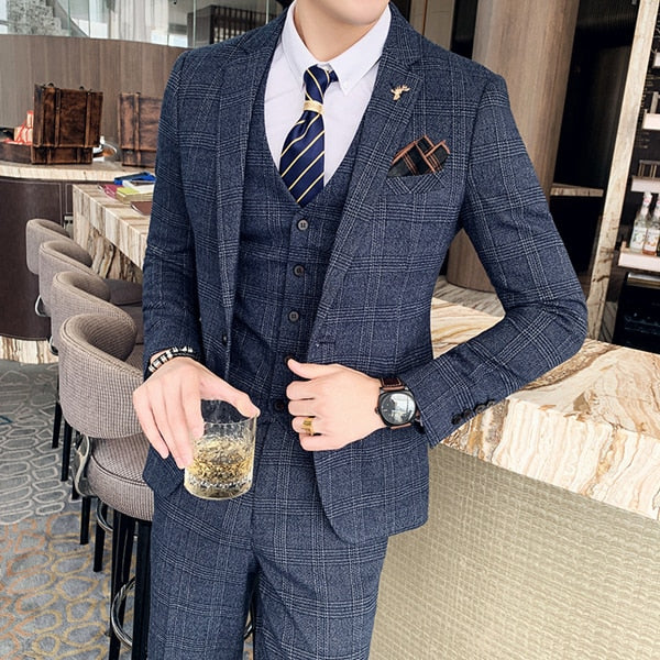 ( Jacket + Vest + Pants ) Boutique Fashion Mens Plaid Casual Business Suit High-end Social Formal Suit 3 Pcs Set Groom Wedding