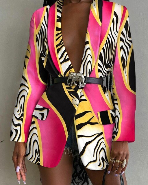 Women Blazer Shawl Lapel Long Sleeve Abstract Graffiti Color Fashion Sexy Slim Loose Tops 2021 (No Belt )