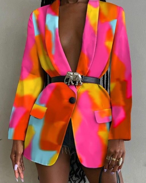 Women Blazer Shawl Lapel Long Sleeve Abstract Graffiti Color Fashion Sexy Slim Loose Tops 2021 (No Belt )