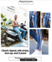 Men's Skinny Jeans Biker Destroyed Frayed Fit Denim Ripped Side Stripe Jeans S-4XL