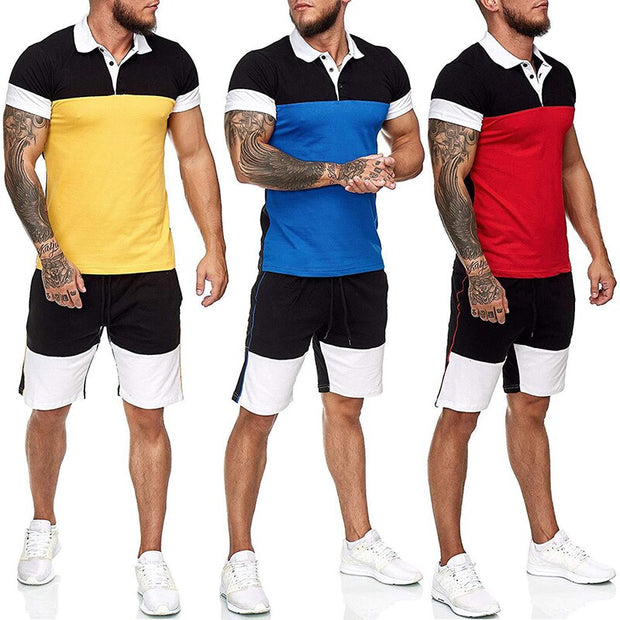 Summer New Casual Men's Tracksuit Color Matching Splicing Polo Shirt Short Sleeve Fashion Streetwear Men Set brand Mens Clothing