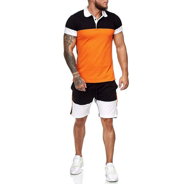 Summer New Casual Men's Tracksuit Color Matching Splicing Polo Shirt Short Sleeve Fashion Streetwear Men Set brand Mens Clothing