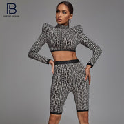 Geometric Jacquard Two Pieces Suit Long Sleeves Celebrity Party Club Bandage Crop Tops Shorts Suit