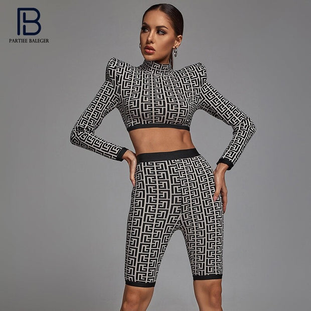 Geometric Jacquard Two Pieces Suit Long Sleeves Celebrity Party Club Bandage Crop Tops Shorts Suit