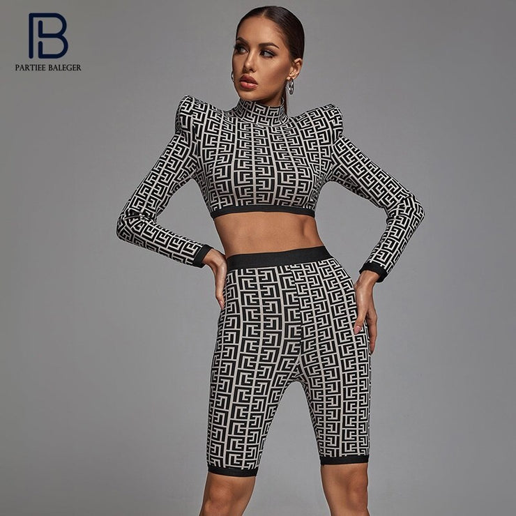 Geometric Jacquard Two Pieces Suit Long Sleeves Celebrity Party Club Bandage Crop Tops Shorts Suit