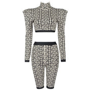 Geometric Jacquard Two Pieces Suit Long Sleeves Celebrity Party Club Bandage Crop Tops Shorts Suit