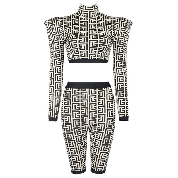 Geometric Jacquard Two Pieces Suit Long Sleeves Celebrity Party Club Bandage Crop Tops Shorts Suit